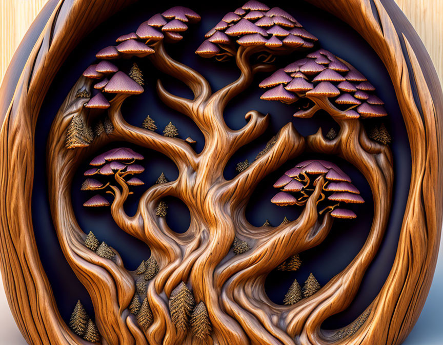 Detailed Wooden Carving of Mystical Tree and Mushrooms in Circular Frame