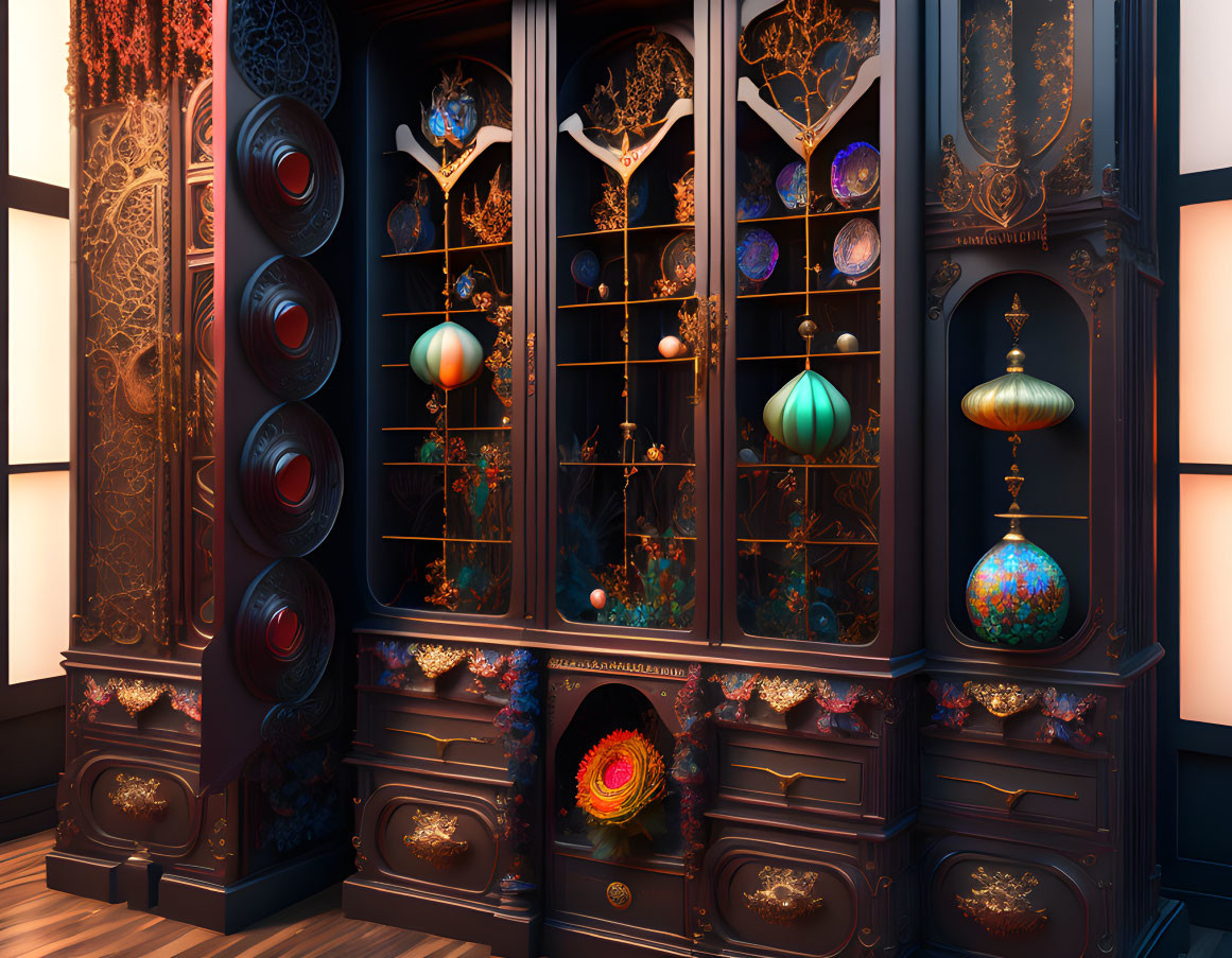 Ornate wooden cabinet with decorative globes and celestial models in dimly lit room