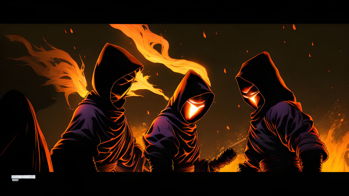 Mysterious figures in hooded cloaks with glowing eyes against fiery backdrop