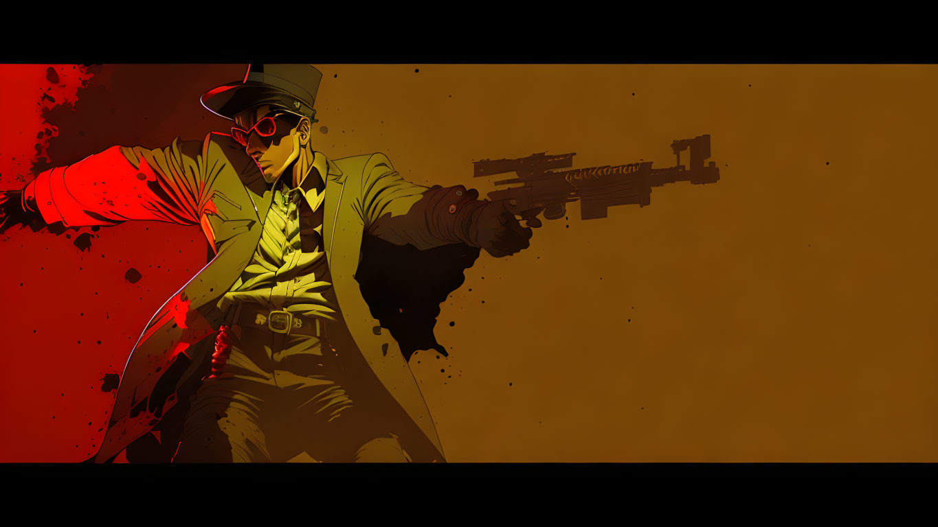 Stylized retro man with futuristic gun in noir-themed illustration