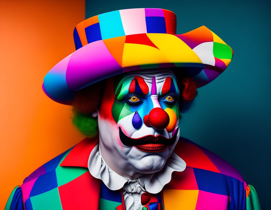 Colorful Clown with Multicolored Outfit on Blue and Orange Background