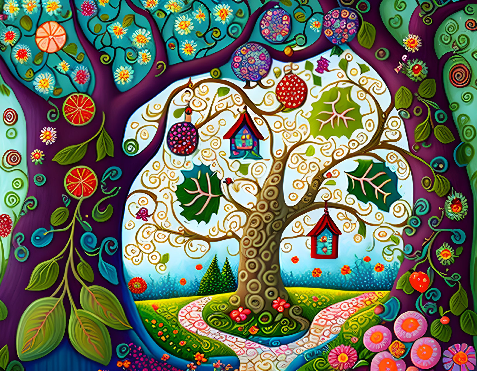 Colorful Tree Painting with Birdhouses and Floral Landscape