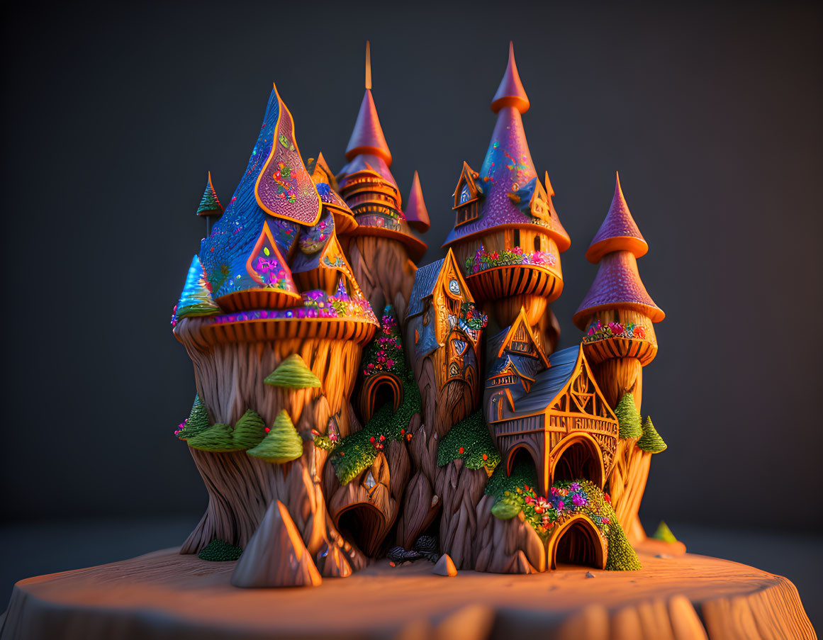 Colorful 3D-rendered fantasy treehouse on dark background