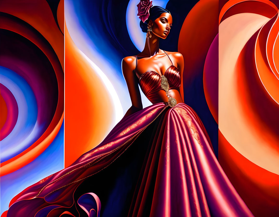 Vibrant illustration of woman in red dress with abstract backdrop