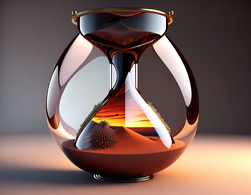 Hourglass with desert landscape: sand dunes, setting sun, solitary cactus