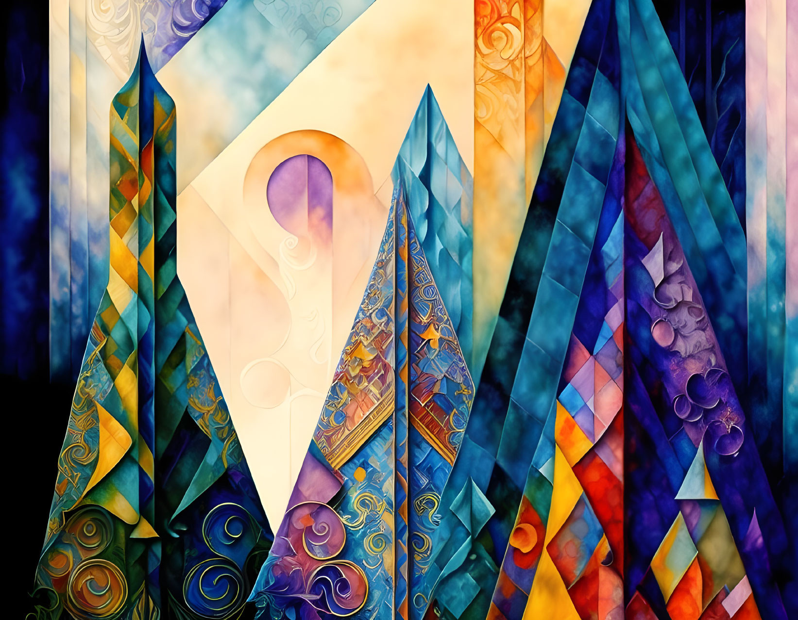 Colorful Abstract Geometric Painting with Triangles and Swirls