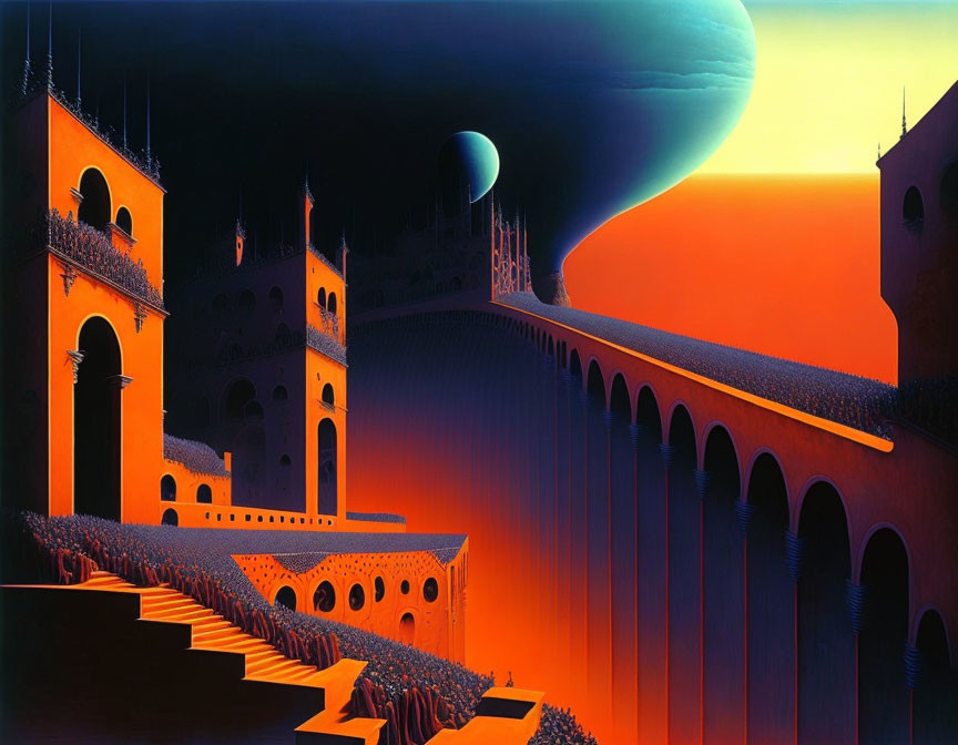 Surreal landscape with orange sky, castle-like structure, river, and giant planet