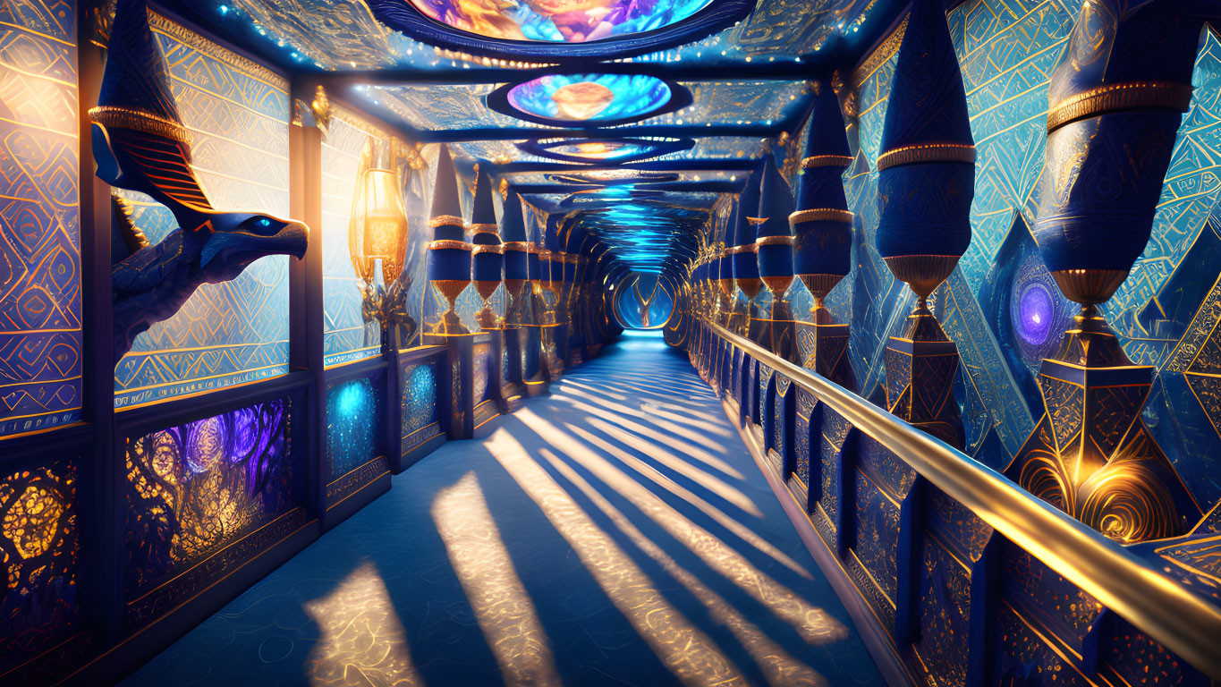 Ornate 3D digital artwork of futuristic corridor with blue and gold patterns