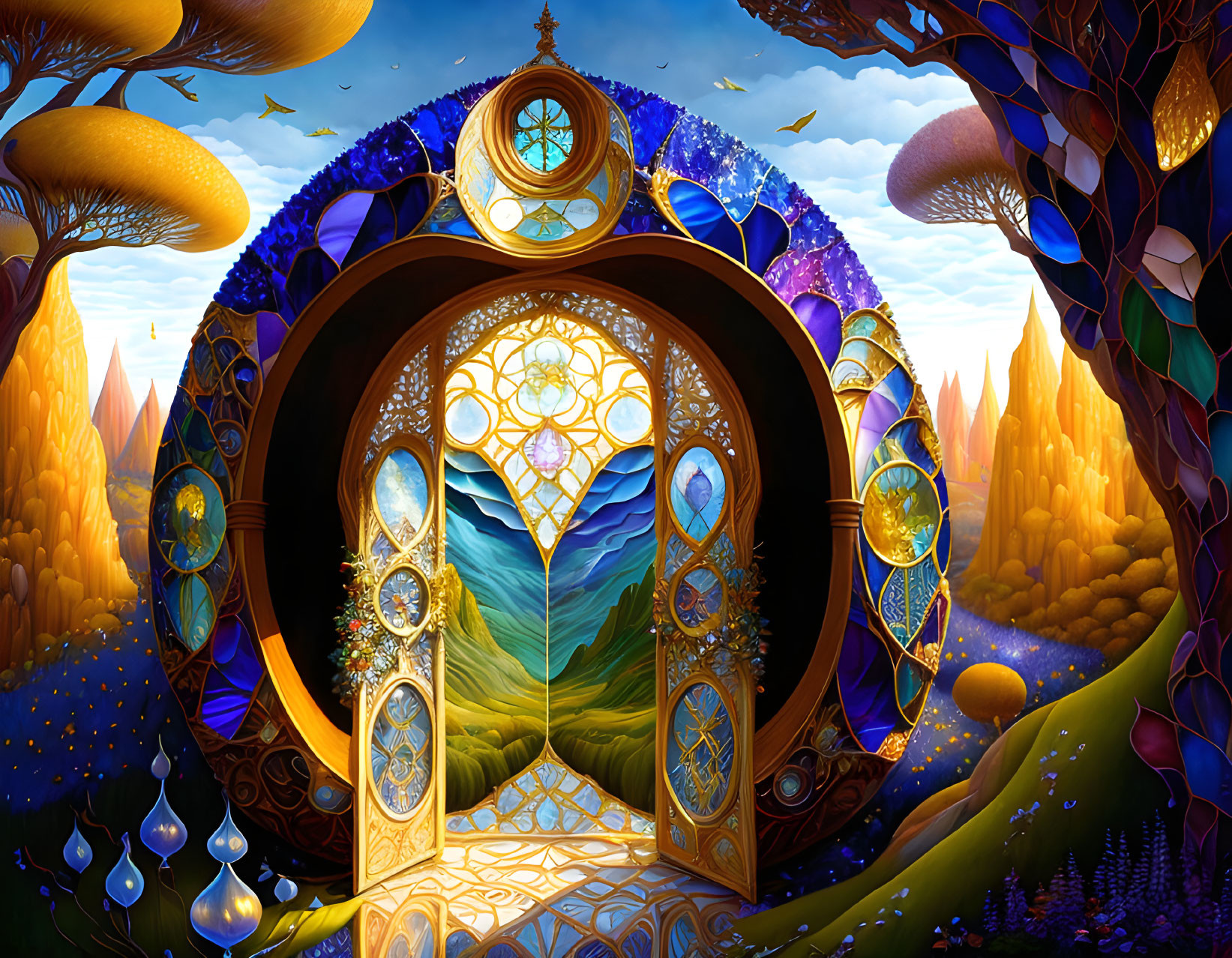 Fantasy doorway with clock-themed decor in vibrant landscape