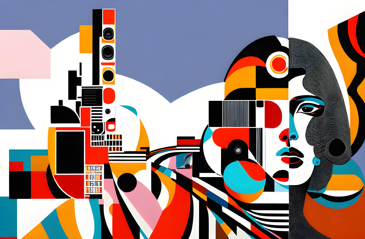 Vibrant abstract art with geometric shapes and stylized woman's face