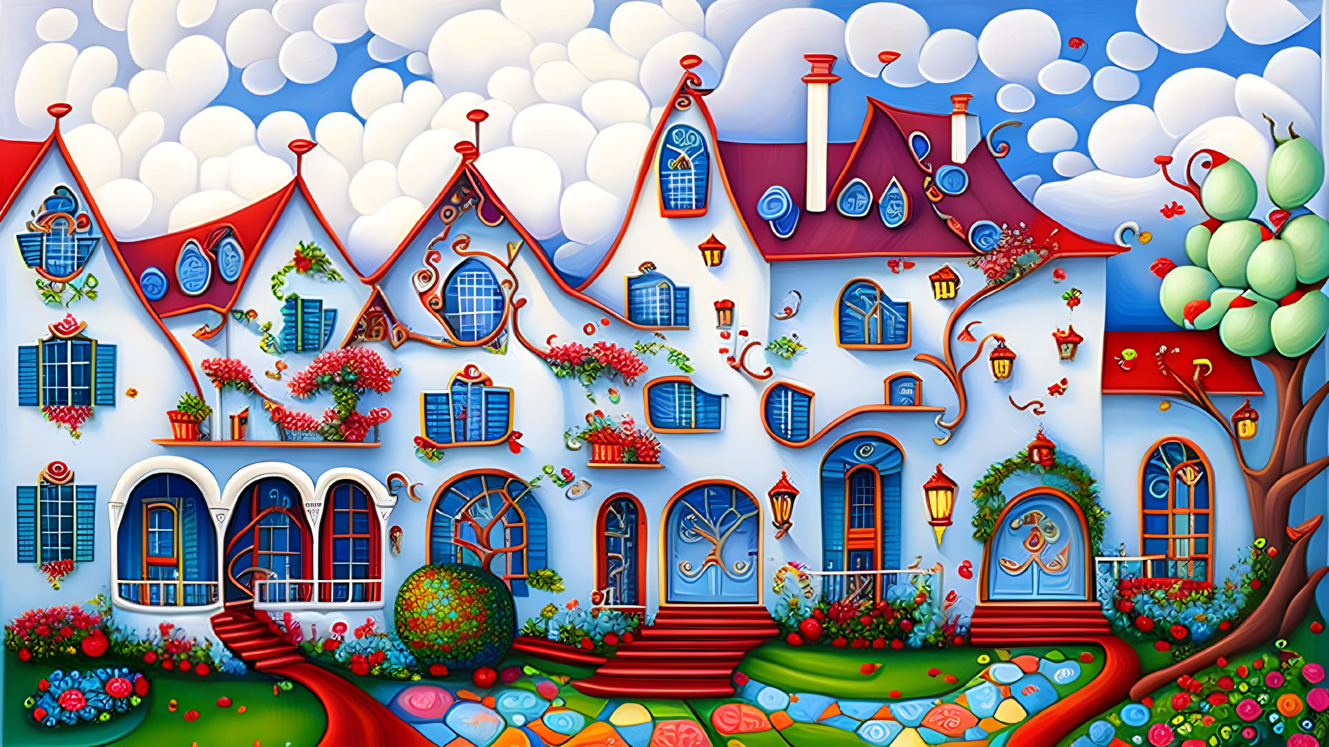 Vibrant Blue Houses with Red Roofs and Floral Details