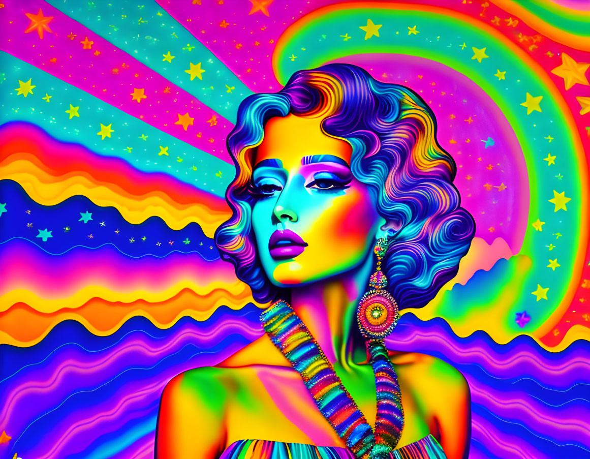 Colorful psychedelic portrait of a woman with blue skin and wavy hair surrounded by waves, stars,