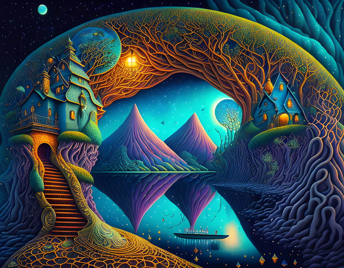 Vibrant surreal night landscape with fantastical elements