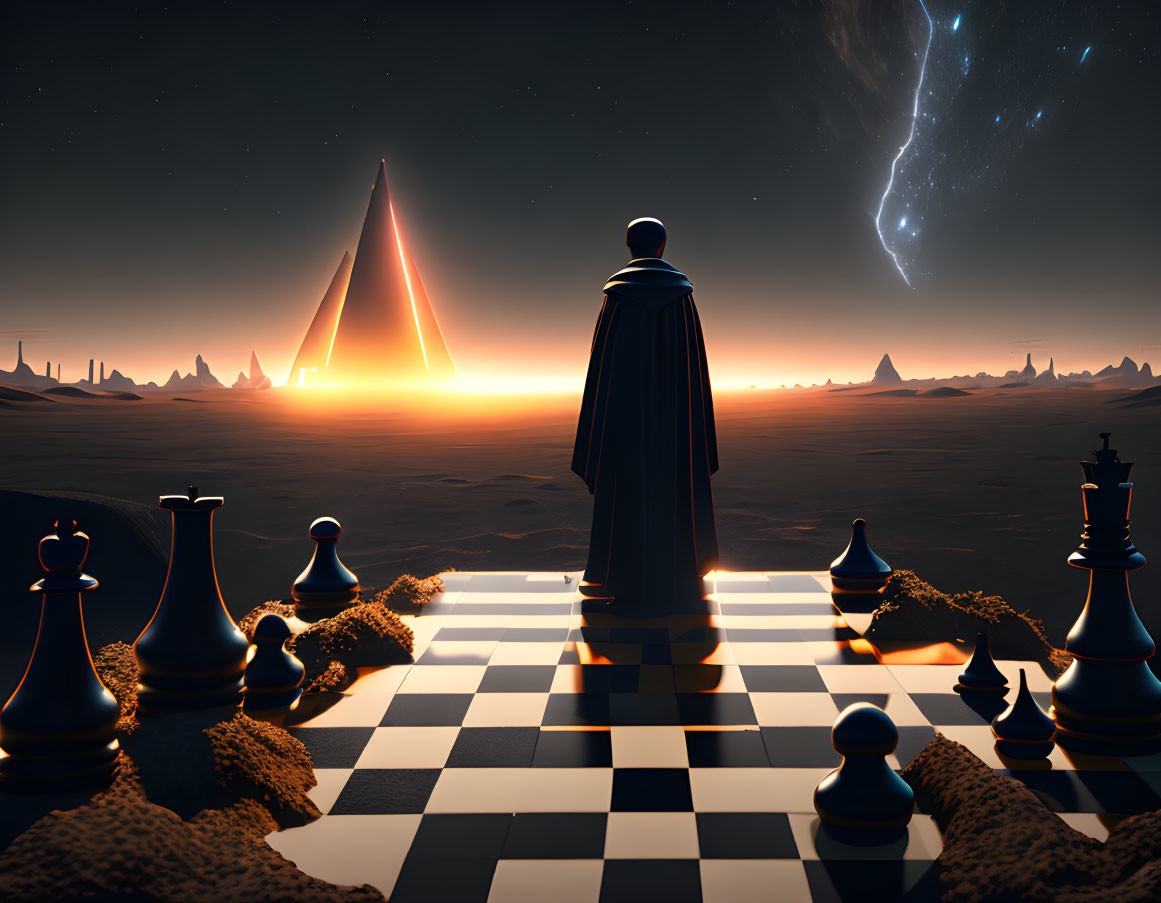 Person in Cloak on Giant Chessboard with Surreal Landscape and Comet