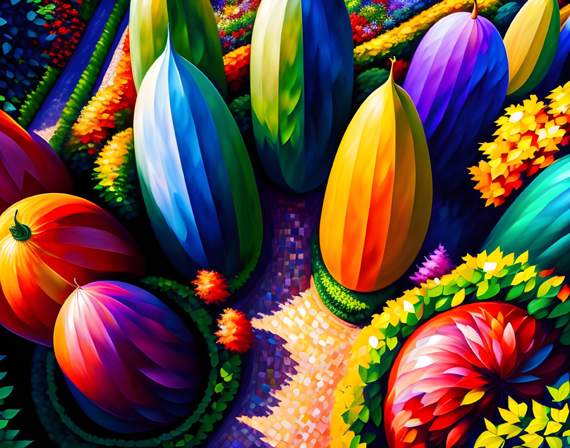 Vibrant fruits and flowers illustration with mosaic background.