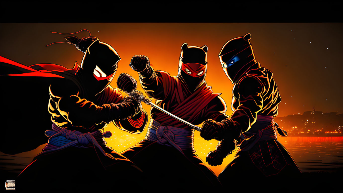 Three ninja characters with swords against fiery sunset backdrop and city skyline.