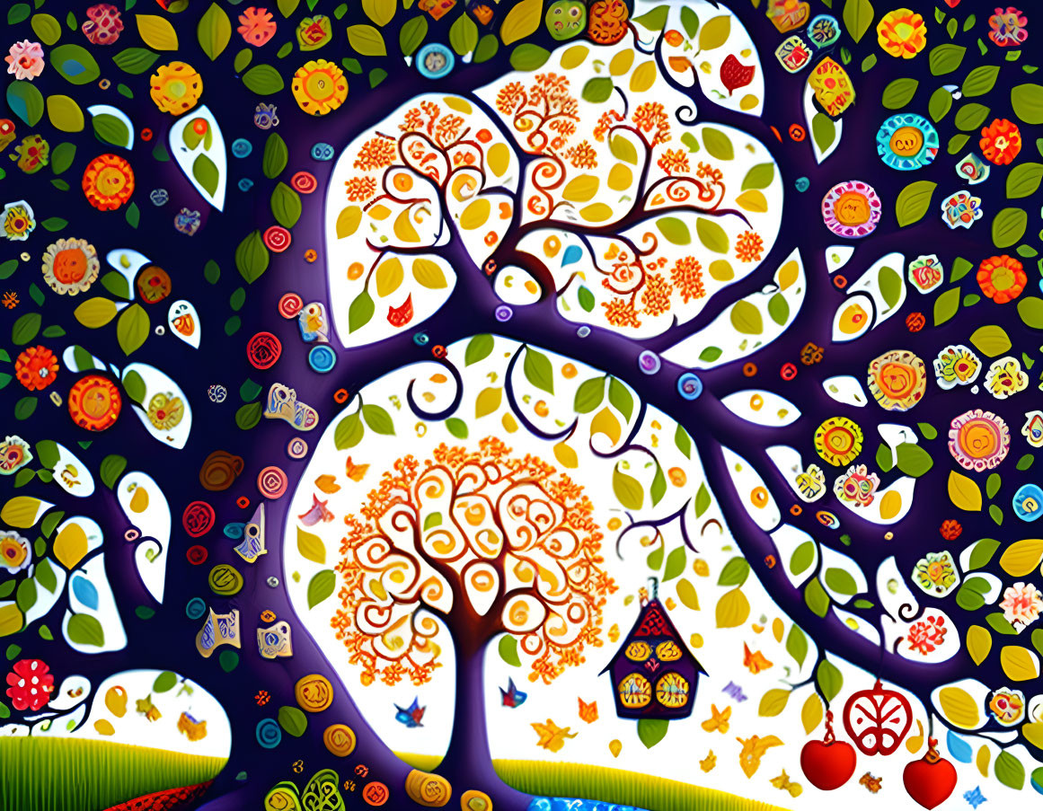 Colorful whimsical artwork: Ornate trees, flowers, birds, house on dark, starry