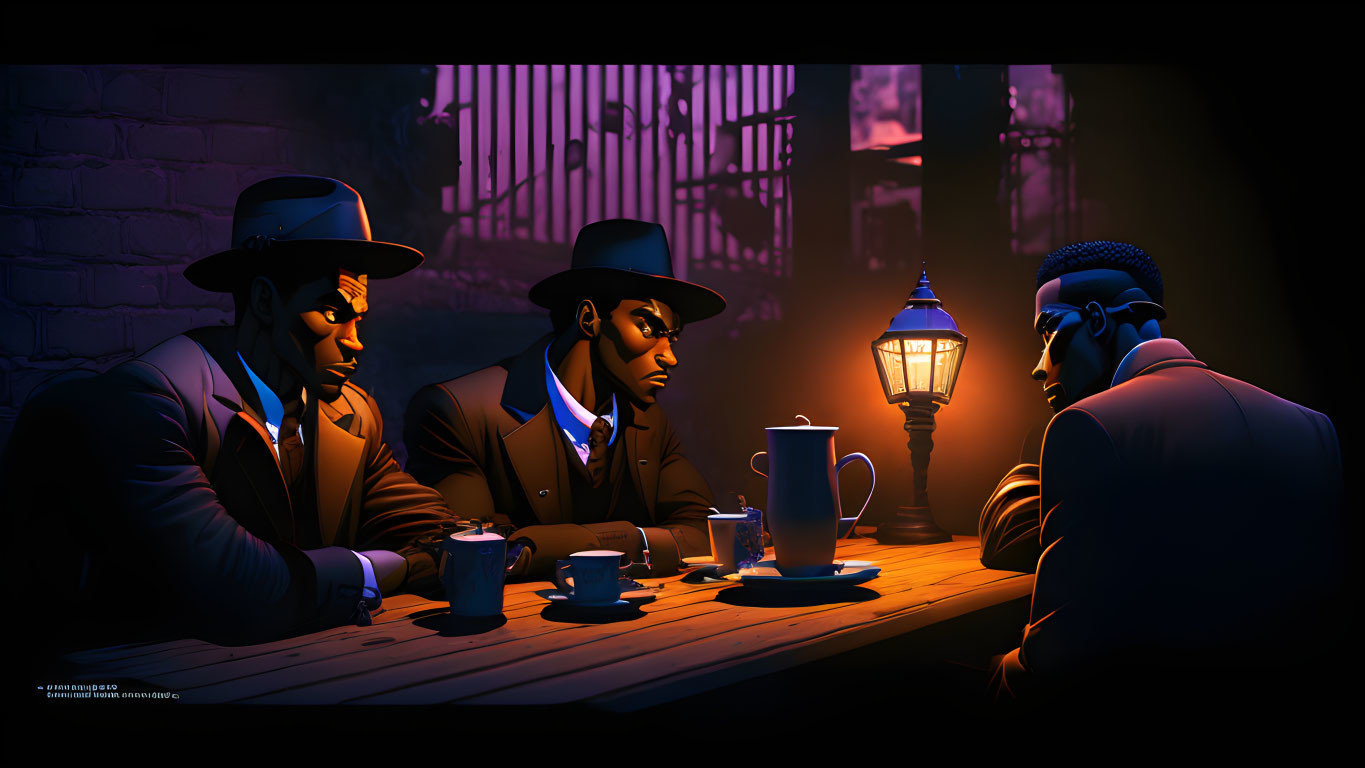 Stylized animated men in suits having a serious conversation at night