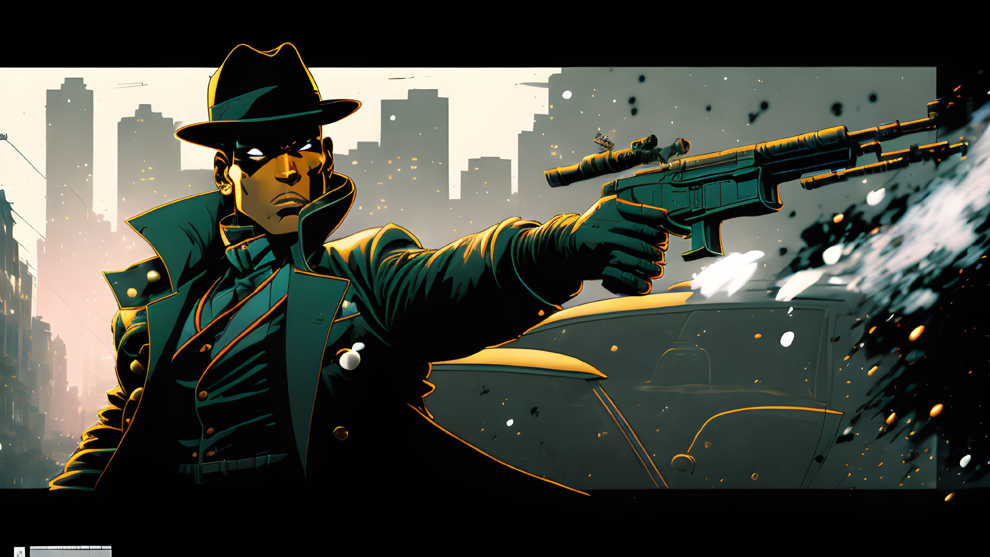 Illustration of character in trench coat and fedora aiming gun with cityscape backdrop