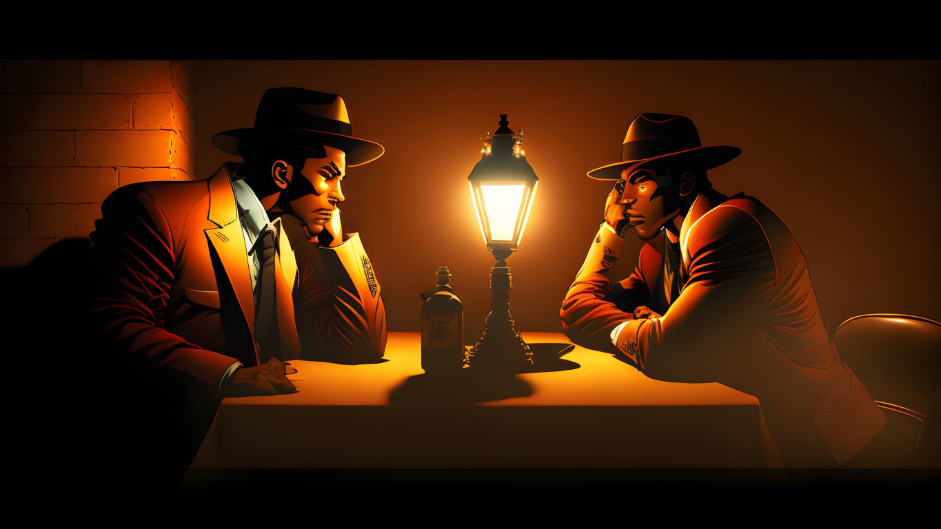 Stylized figures in hats at a table under a lamp with a bottle