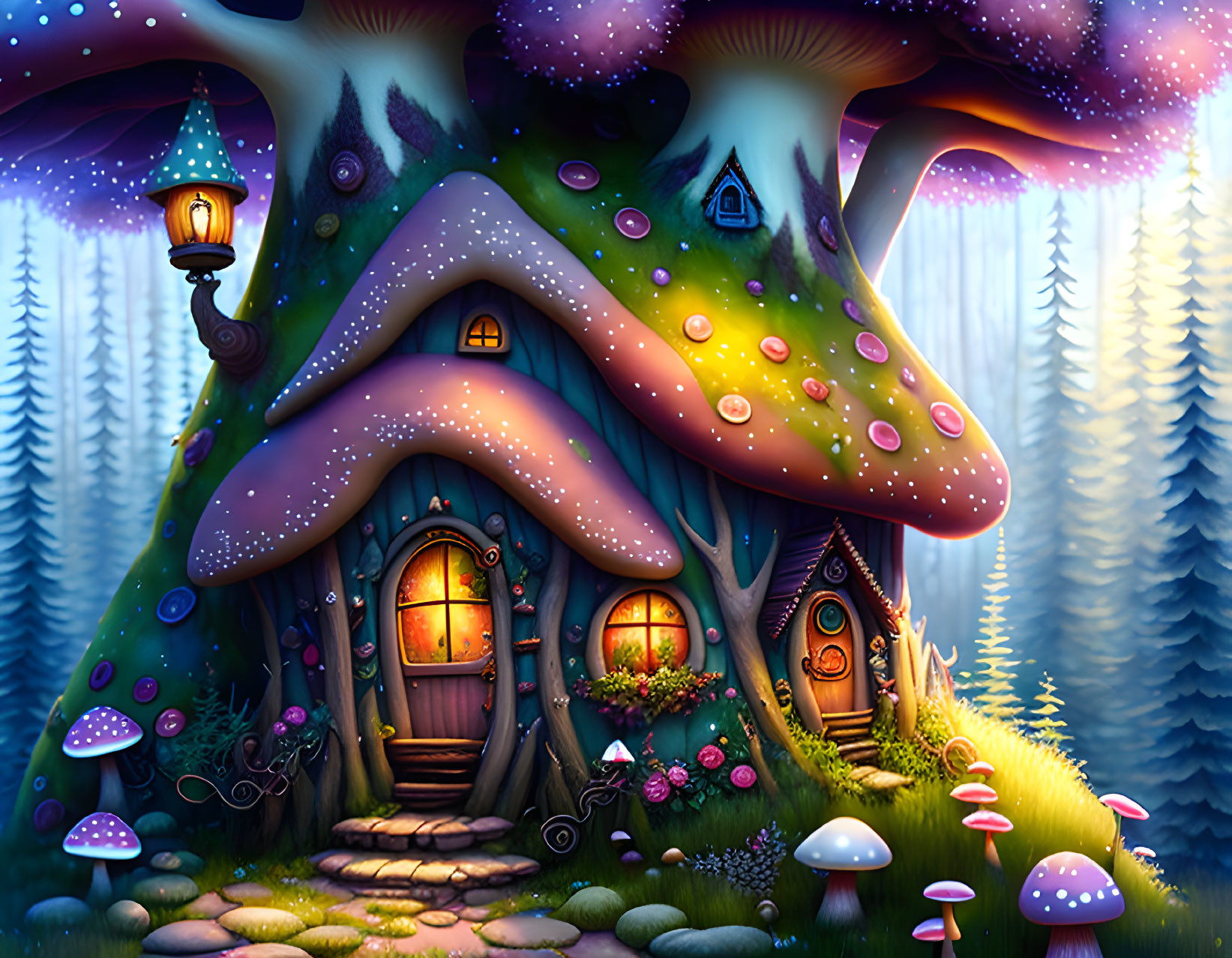 Mystical mushroom house in night forest with colorful mushrooms