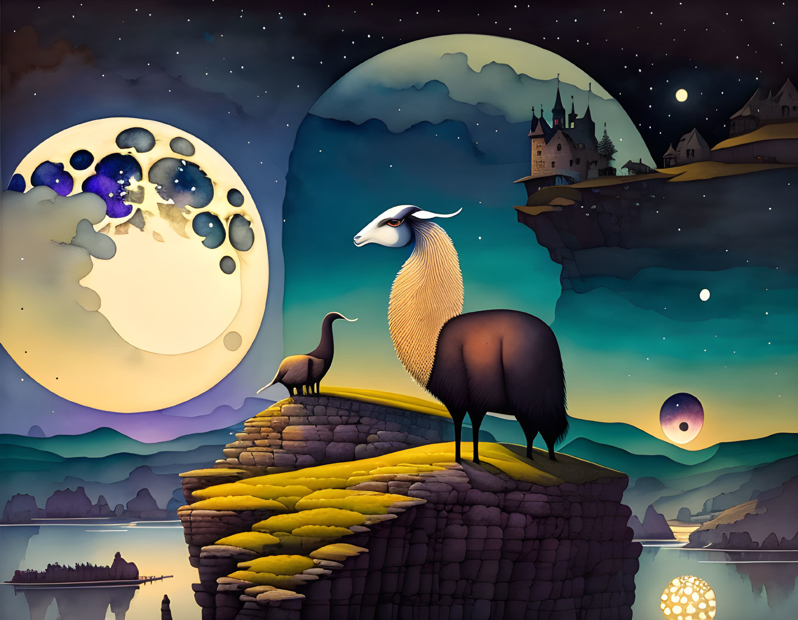 Stylized illustration of goat, bird, moon, planets, and castle on cliff