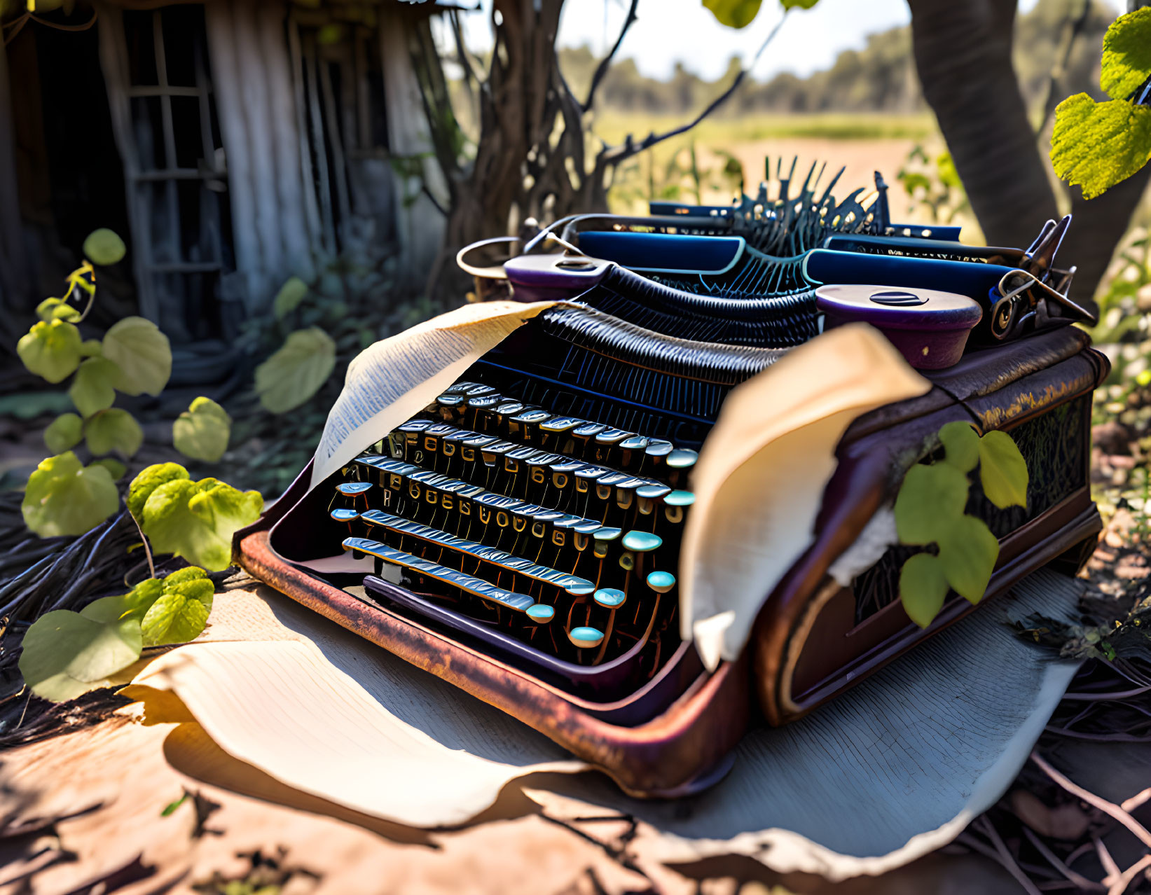 Vintage accordion with blue keys in rustic outdoor setting