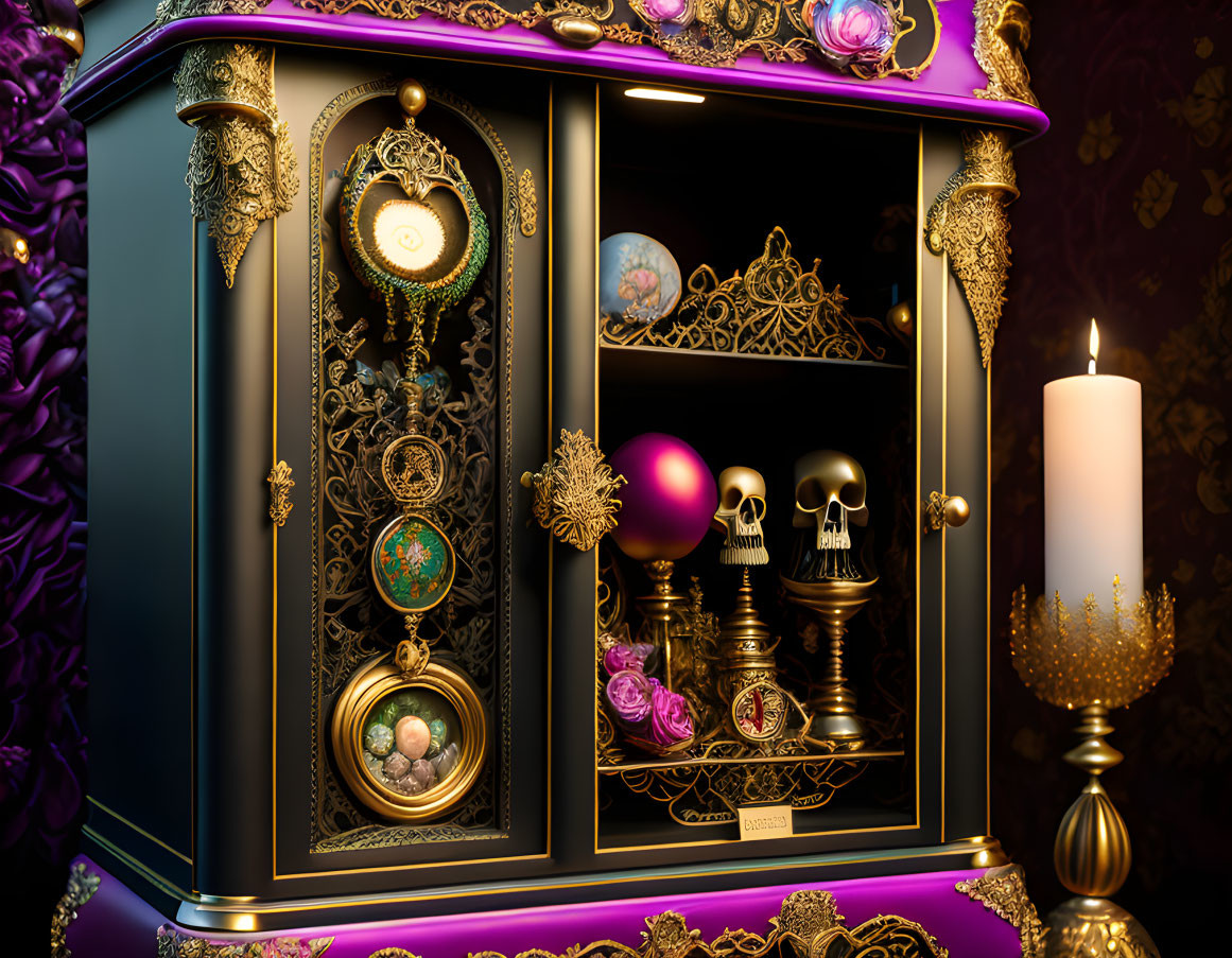 Gothic cabinet with gilded accents, skulls, clock, spheres, and candle on purple background