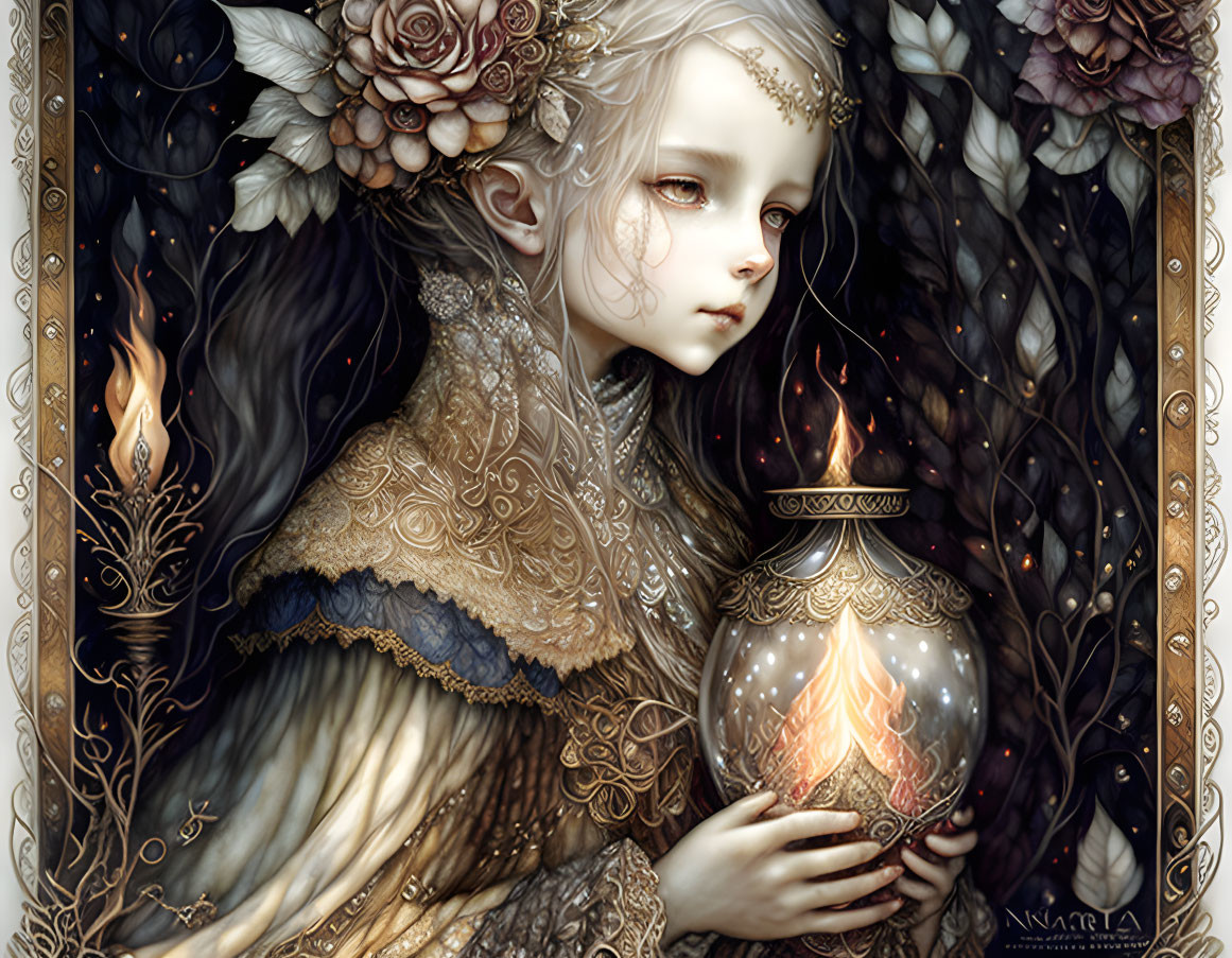 Detailed fantasy character illustration with pale skin, golden hair, glowing orb, floral patterns, flames