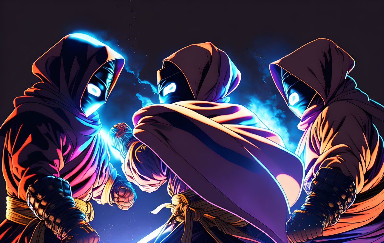 Hooded figures with glowing blue eyes in energy showdown