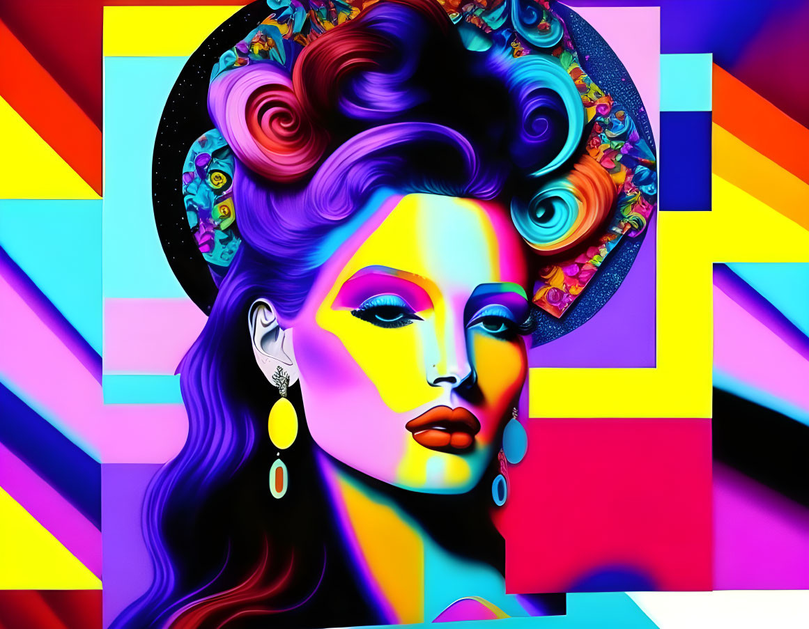 Colorful digital portrait of woman with bold makeup and abstract background