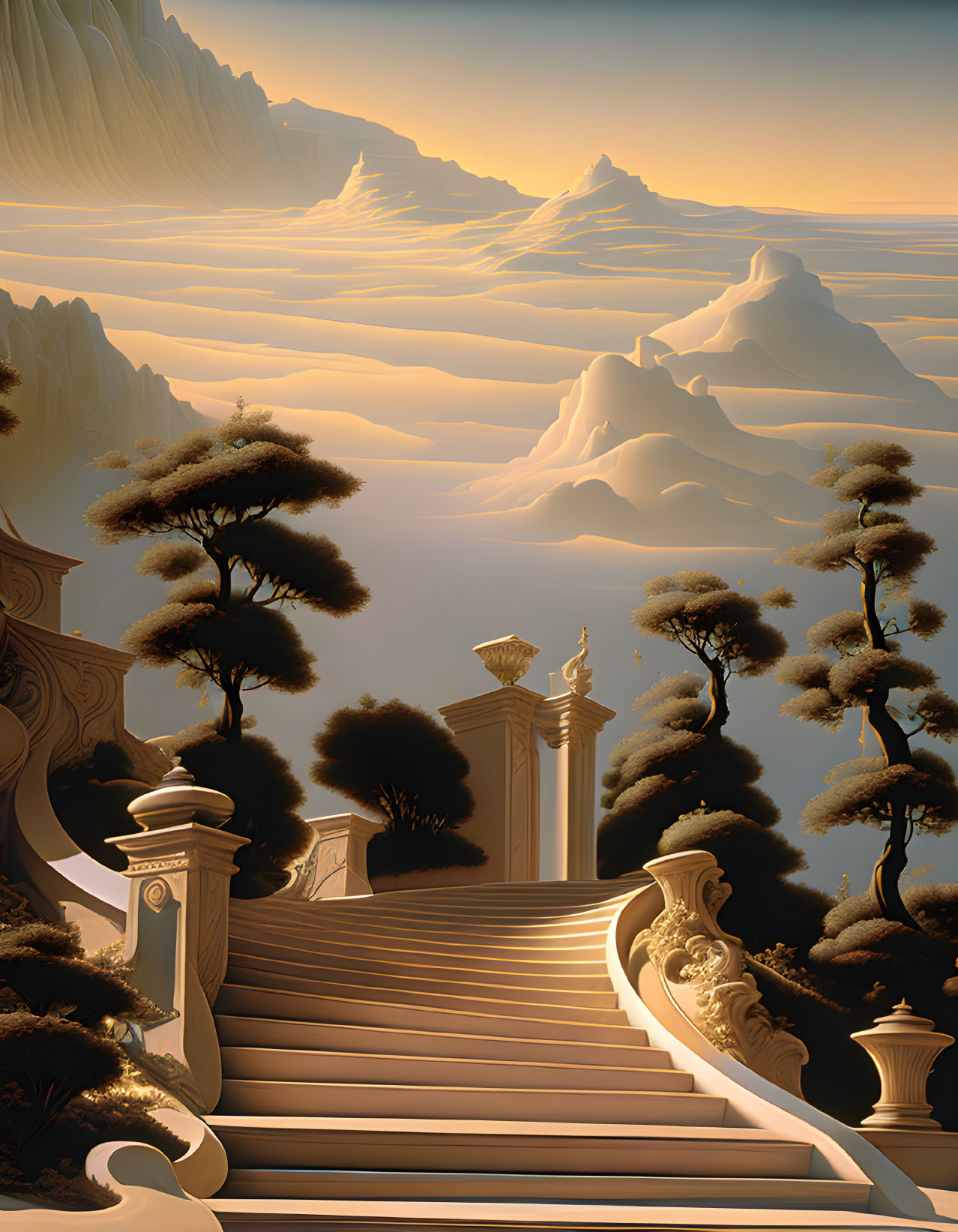 Grand Staircase in Fantasy Landscape with Clouds, Trees, and Mountains