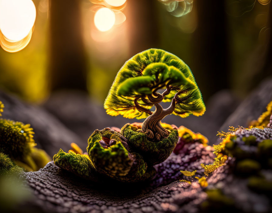 Miniature Bonsai Tree with Green Leaves in Sunlit Forest Scene