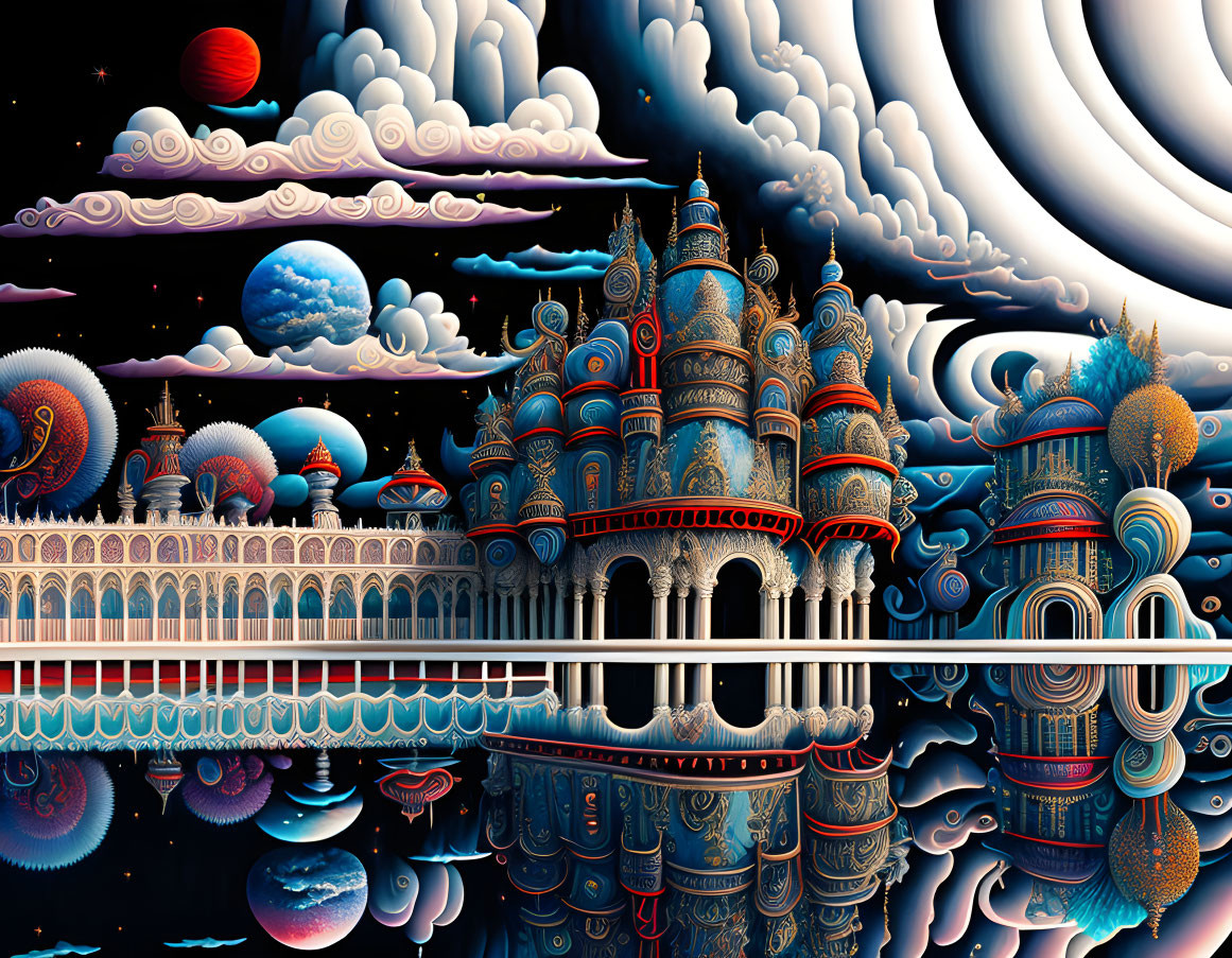 Surreal landscape with ornate buildings, water reflection, swirling clouds.