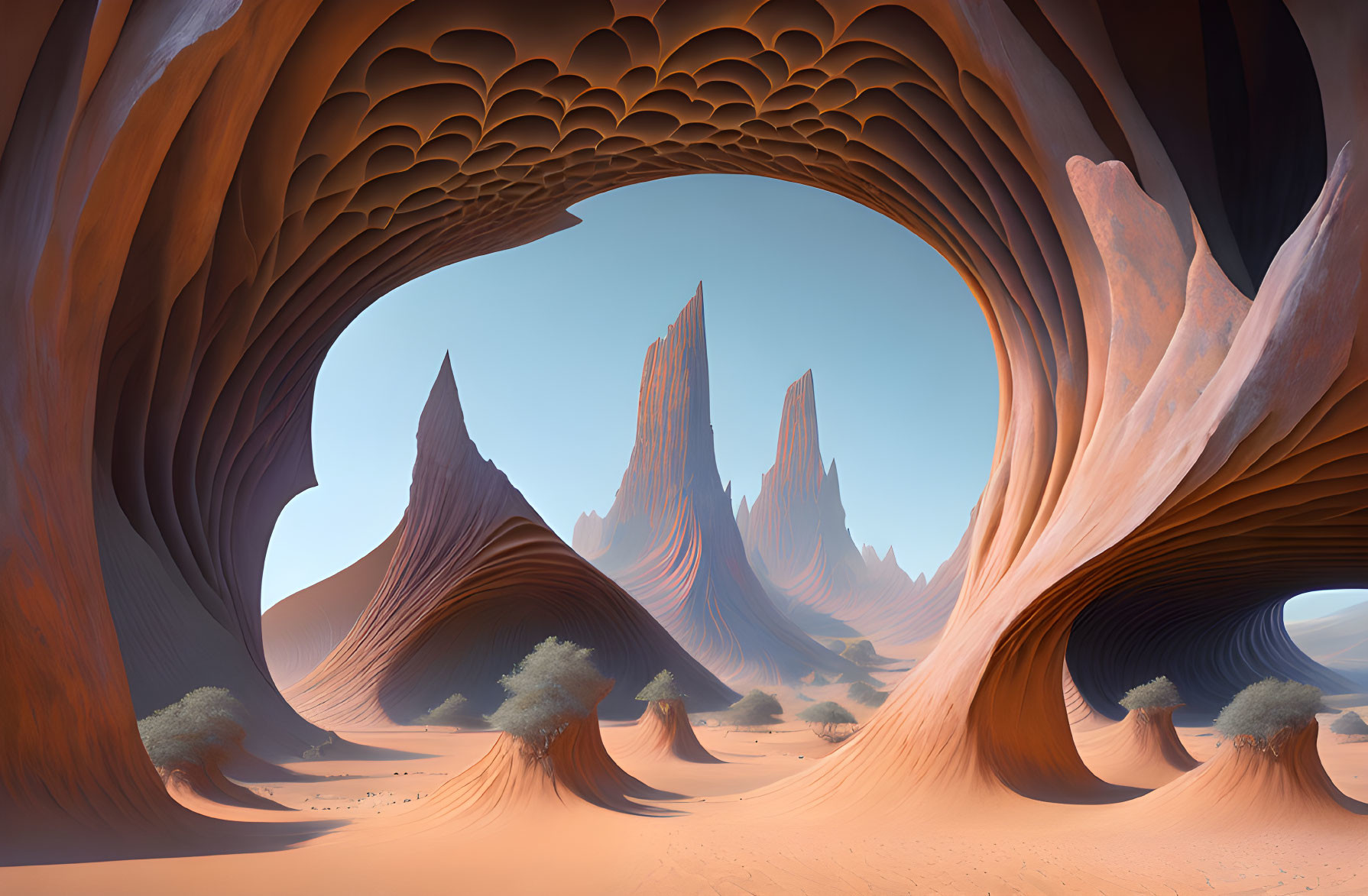 Surreal desert landscape with smooth rock formations and towering spires