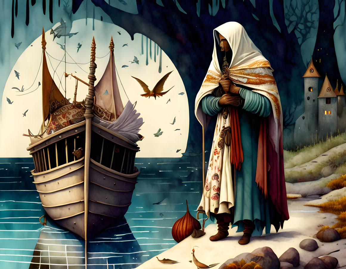 Cloaked figure by beached ship in mystical forest with birds and onion dome.