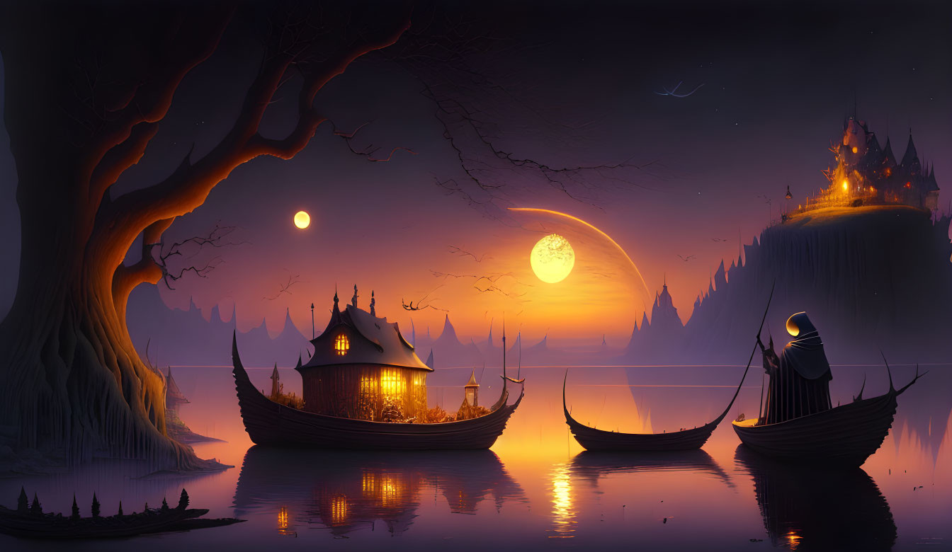 Mystical nighttime scene with glowing houseboat, full moon, traditional boats, castle, purple sky