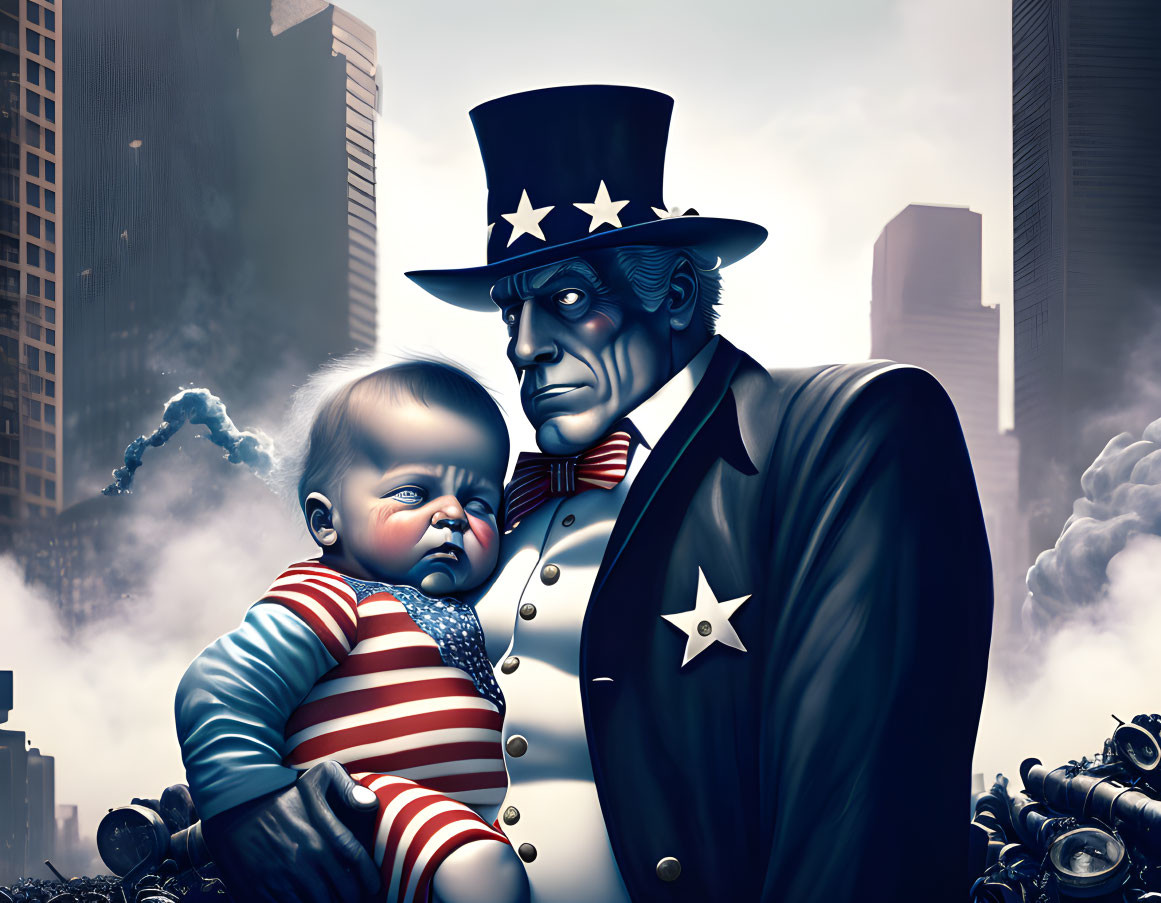 Illustration of Uncle Sam with a baby in cityscape with smoke and debris