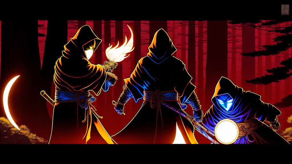 Hooded figures with glowing weapons in a forest landscape