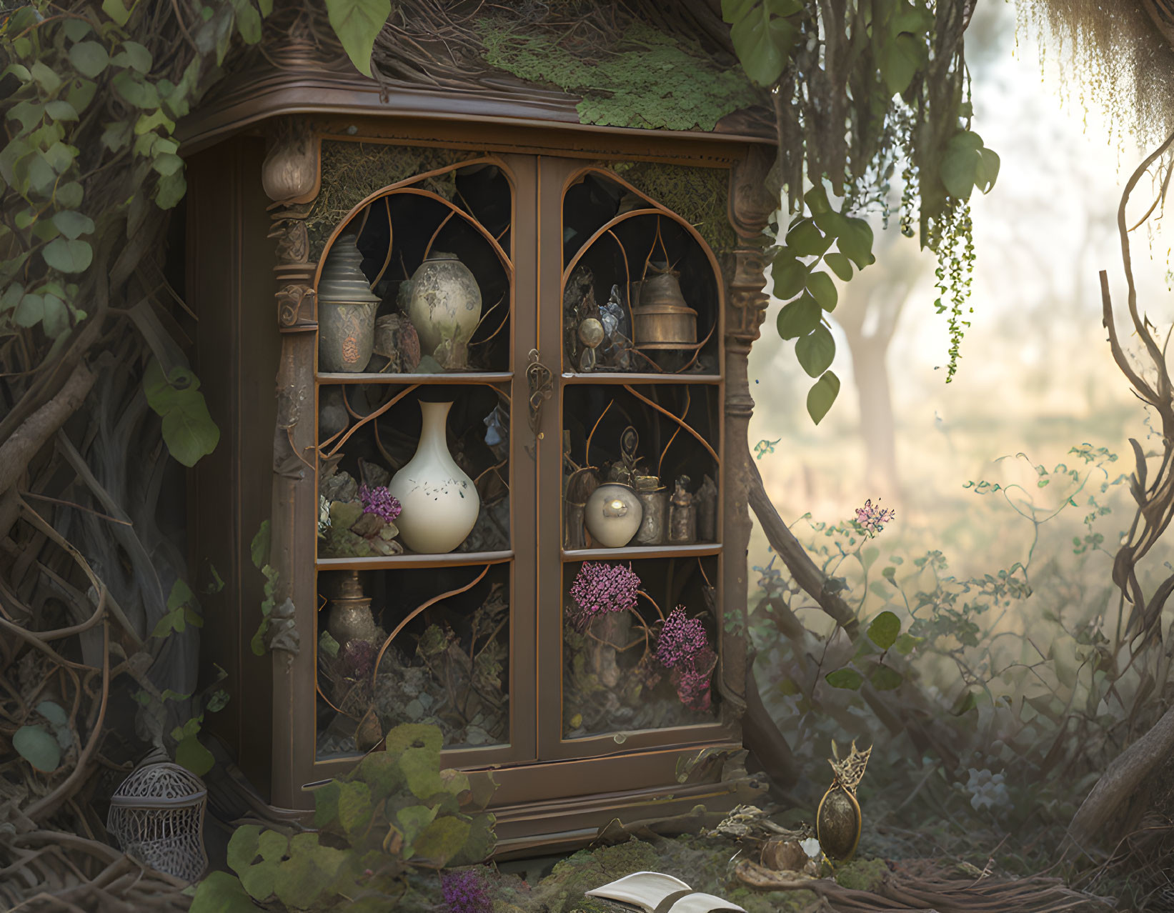 Vintage cabinet with glass doors in forest setting, displaying vases and curios among foliage and open book