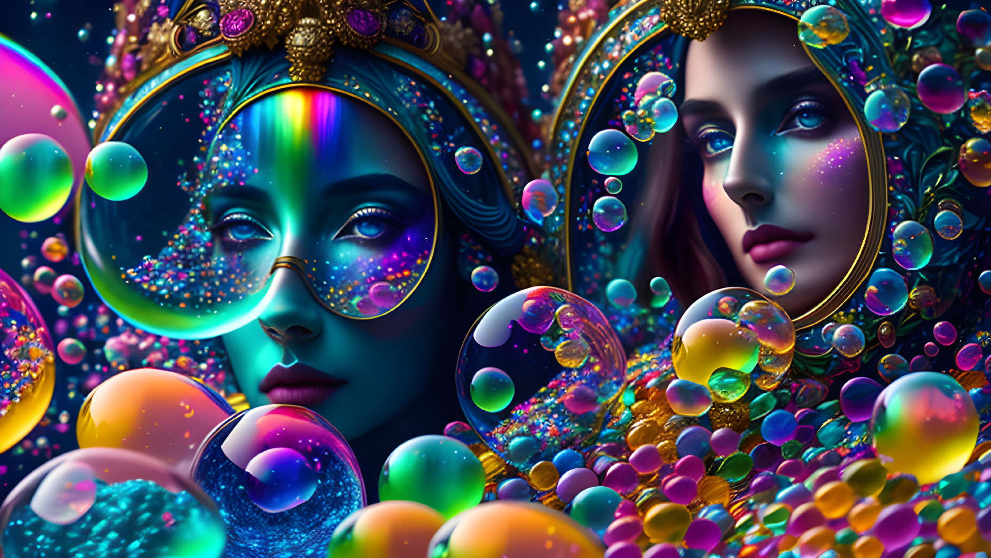 Colorful digital artwork of two women with ornate headdresses in a fantastical scene