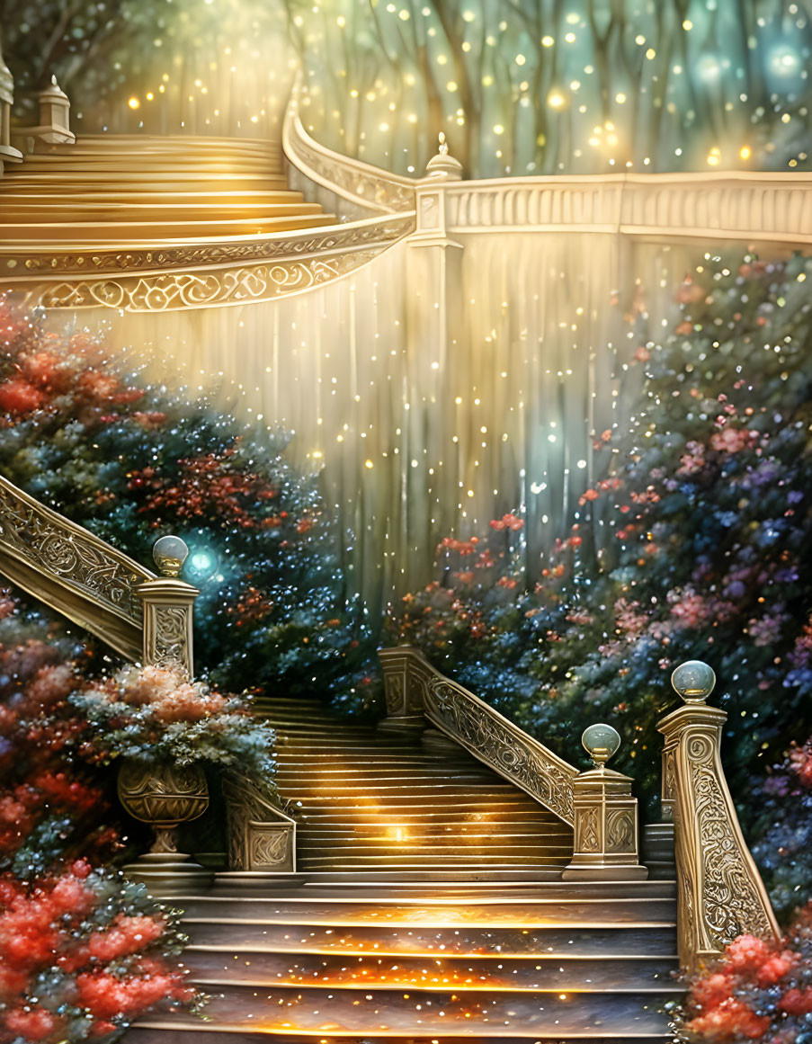 Ornate railing staircase surrounded by colorful bushes under twinkling lights