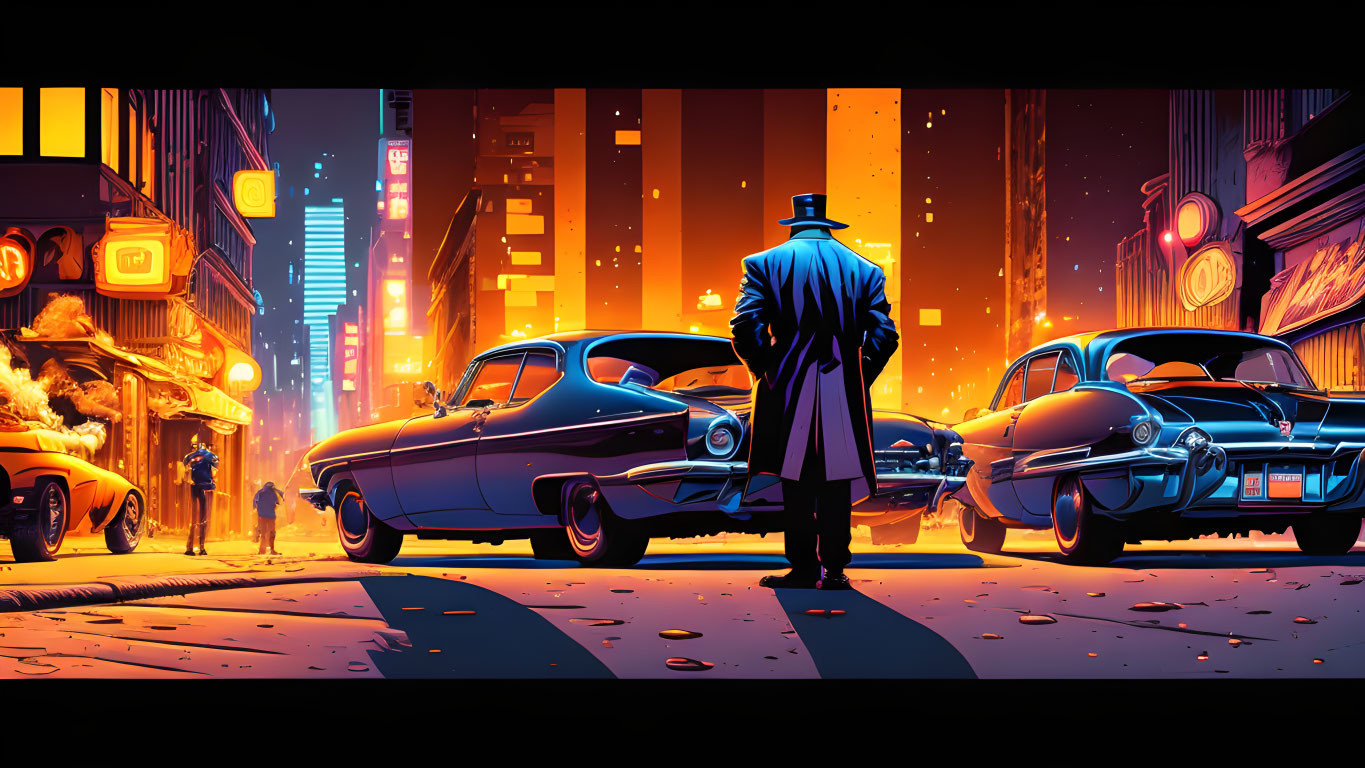 Man in trench coat in neon-lit retro-futuristic city with classic cars