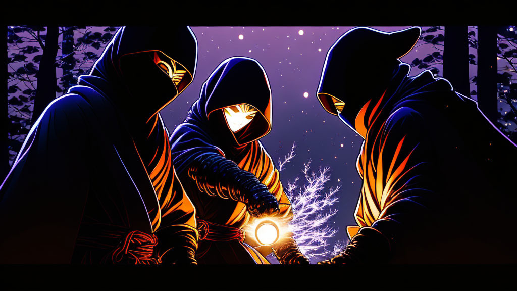 Hooded figures with glowing eyes in dark forest with mysterious orb