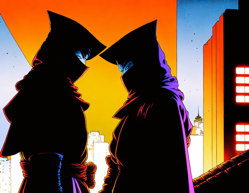 Silhouetted comic book characters on rooftop at dusk with orange and blue sky