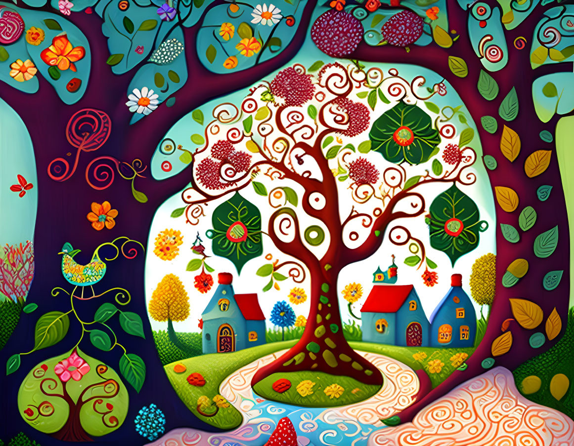 Colorful illustration of whimsical tree, tiny houses, and bird in fantasy forest