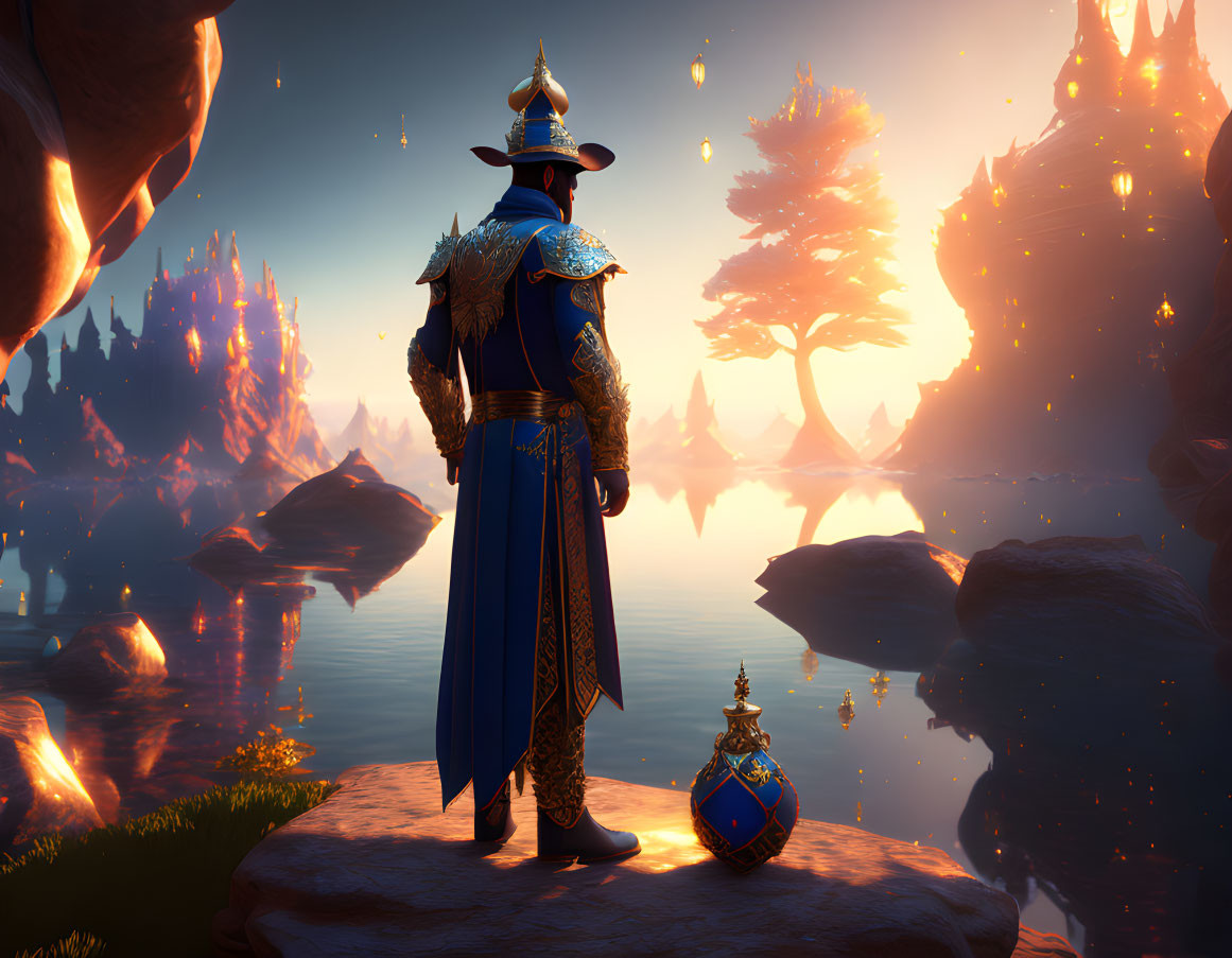 Knight in ornate armor admires mystical landscape with floating islands and glowing lanterns at amber sunset