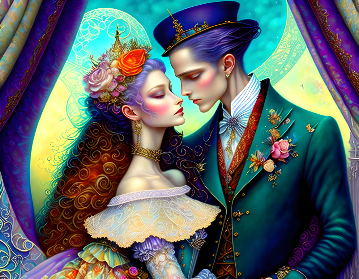 Romantic Victorian-era couple illustration with vibrant colors and floral accents