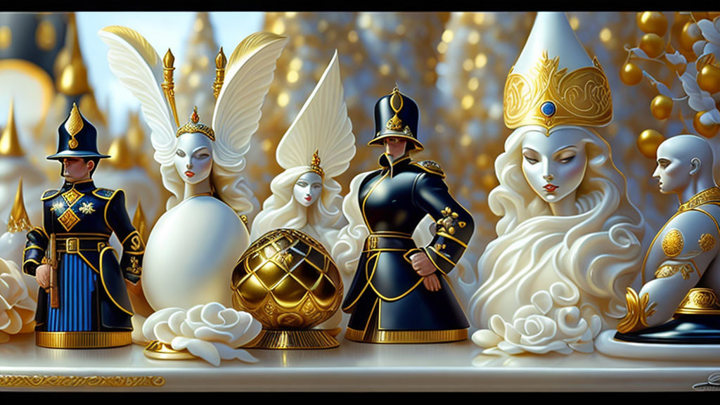 Ornate egg-shaped royal characters in regal attire on golden backdrop