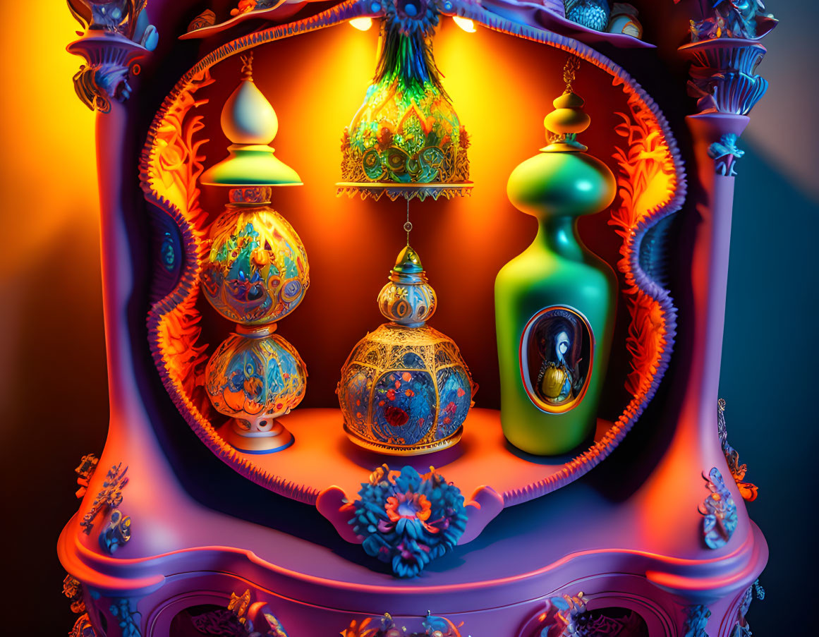 Symmetrical 3D artwork with decorated eggs and vases in ornate frame